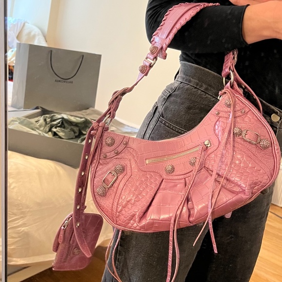 WOMEN'S LE CAGOLE METALLIC PINK SHOULDER BAG CROCODILE EMBOSSED WITH RHINESTONES - Picture 11 of 15